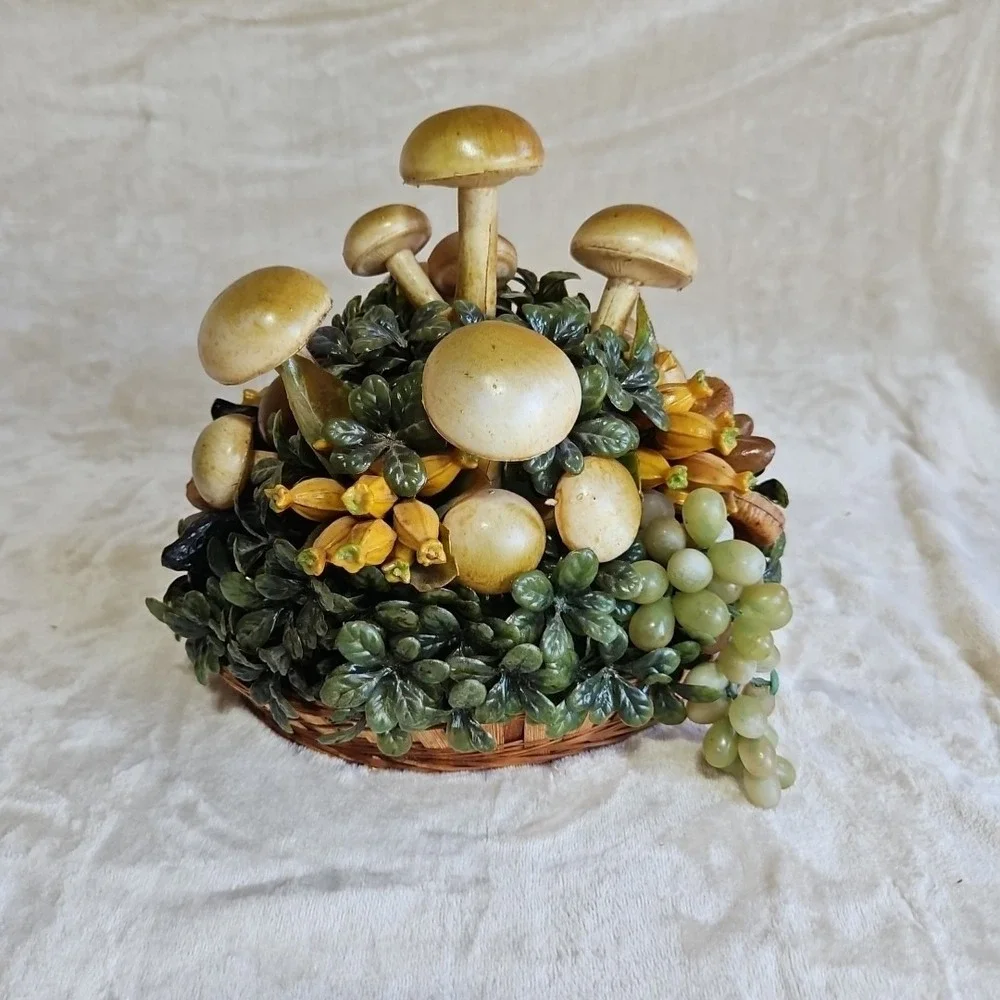 MUSHROOMS GRAPES Vintage Wicker Basket Retro MCM Centerpiece Kitchy Decor